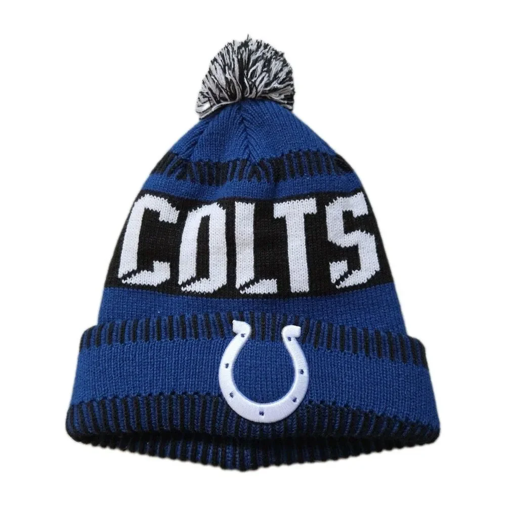 NFL Indianapolis Colts Blue Pom Cuffed Knit Beanie Hat Horseshoe Youth OSFM EUC